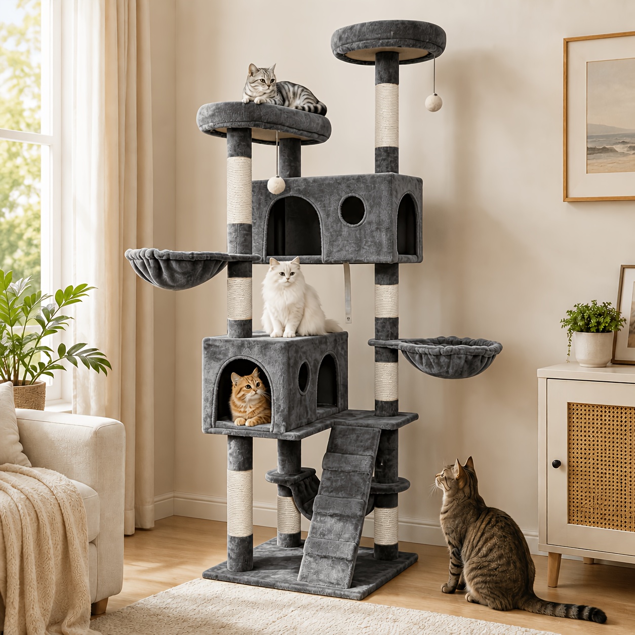 TEMU 68"/" Multi-level Cat Tower For Indoor Cats, Modern Cat Tree With Scratching Post - Durable & Plush Perch For Large Cats 20 Lbs+