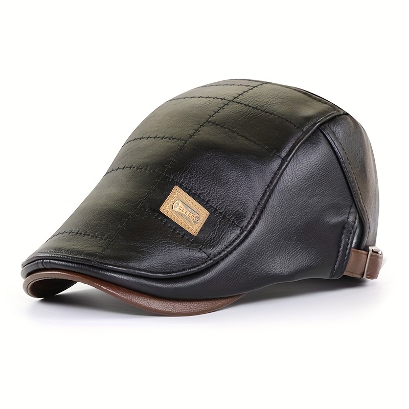 TEMU Retro Pu Leather Beret   For Men - Stylish Funky Adjustable Visor Warm Flat Peaked Hat