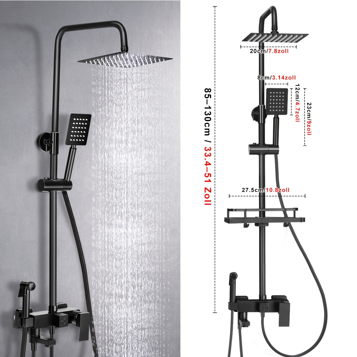 E-shop Matt Schwarz Außendusche-System mit 8" Regenbrause & Handbrause | Wandmontiertes Einhebel-Kombi-Set | Edelstahl-Duscharmatur aus 304 für