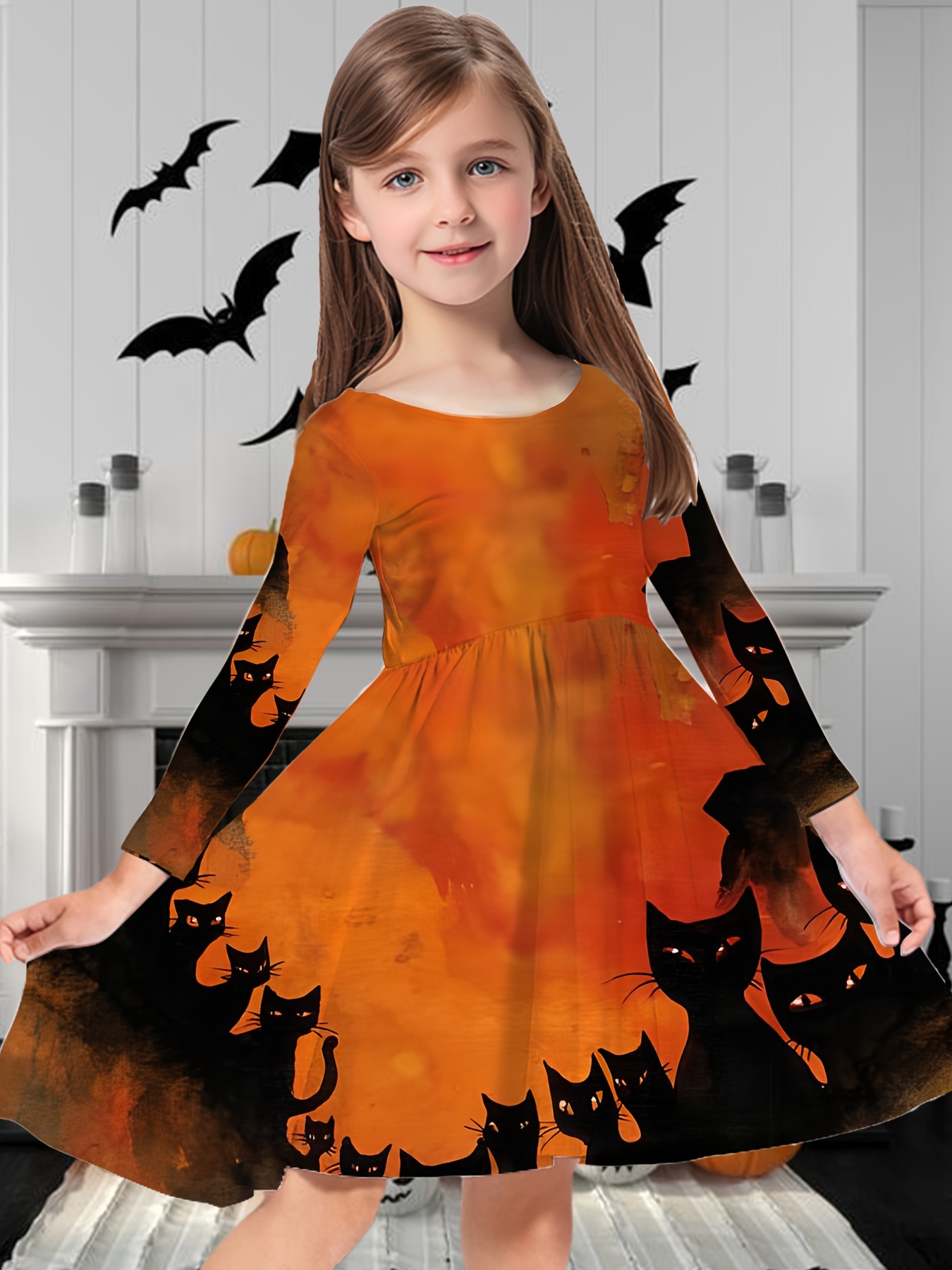 Fashion Girls' Lovely Halloween Black Cat Long Sleeve Dress