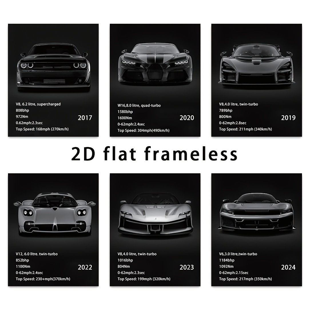 TEMU 2d Flat, 2d Flat 6pcs Set Supercar Performance Guide Wall Poster, Dark Scheme, Modern Industrial , Racing And Speed , High-quality Printed 10x8