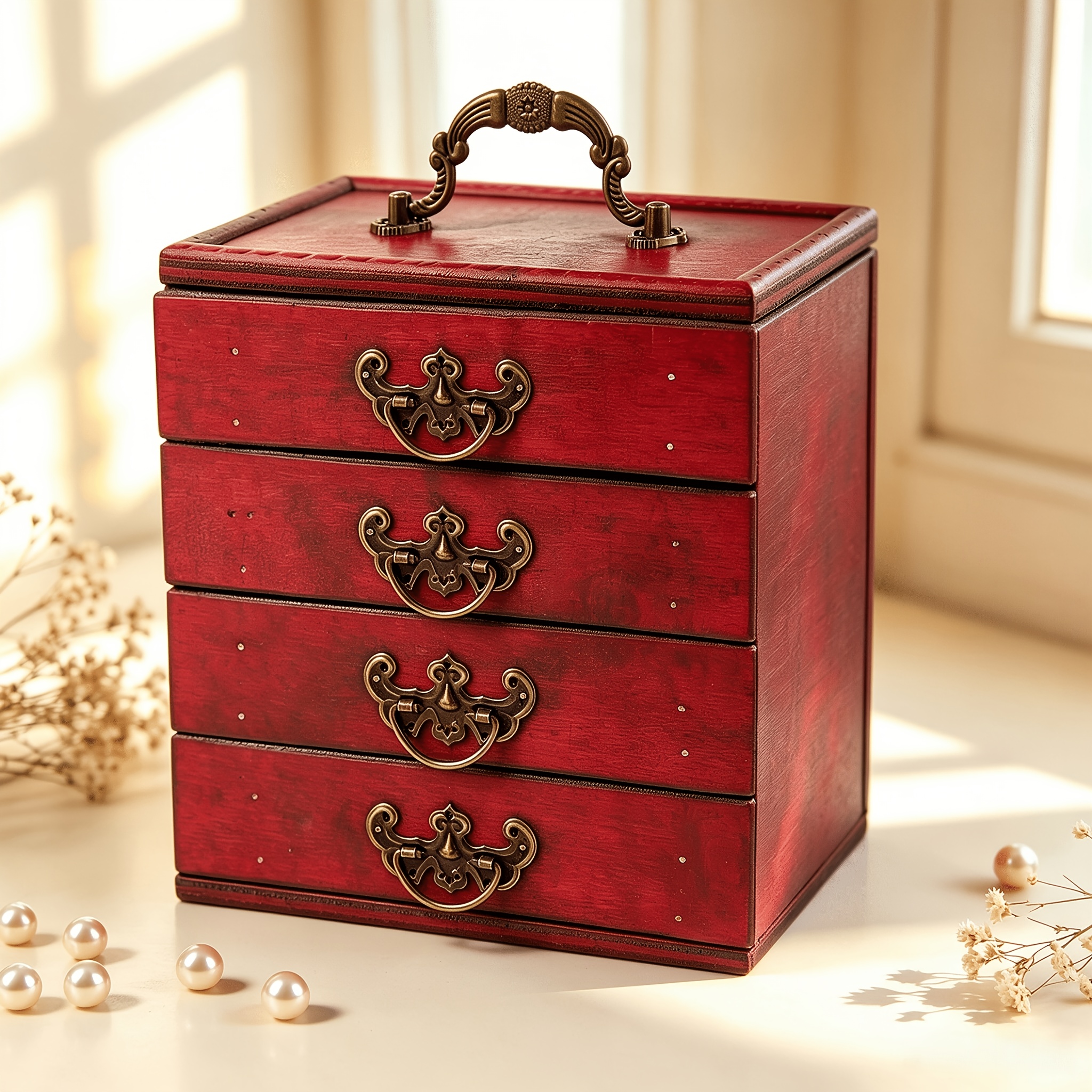 Image of 1pc Qinbetteryou Vintage 4-tier Jewelry Box - Solid Wood Multi-drawer Dresser Suitable For Desktop, Wood Lumber, Elegant Jewelry & Decorative Storage Box, Jewelry Boxes