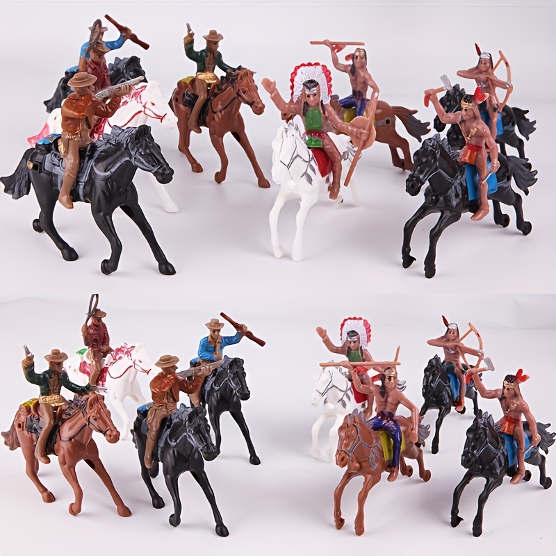 

4pcs Western Cowboy And Tribal Miniature Figures Set, Plastic Action Poses Rider Statues, Collectible Desktop Decor, For Ideal Birthday Gift