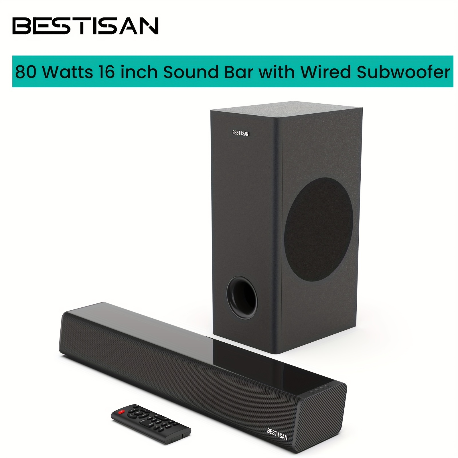 

Bestisan Bar Subwoofer, 80 For Tv/projector/ 5.25 Subwoofer, Arc//aux/usb And Bt 5.0 Connection, Bass , Mountable, 3 Eq , 16