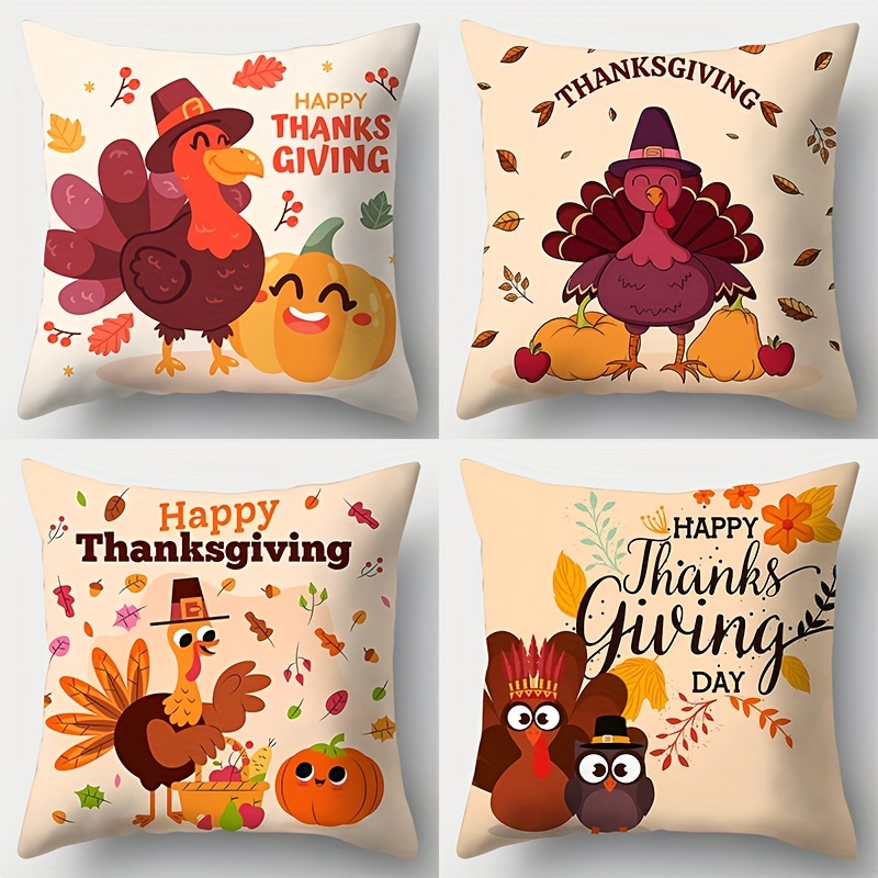 

Contemporary Thanksgiving Throw Pillow Covers Set Of 4 - Hand Washable Polyester Cushion Cases With Zipper Closure For Living Room Decor, Woven Featuring Turkeys, 17.72x17.72 Inches