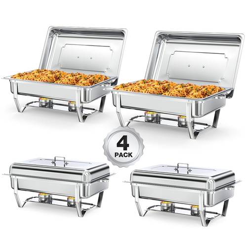 9qt chafing dishes for buffet 4 pack thickened food grade stainless steel silvery chafing dish buffet set w rolled rim design foldable frame food warmers for parties wedding banquet full size food pan cooking