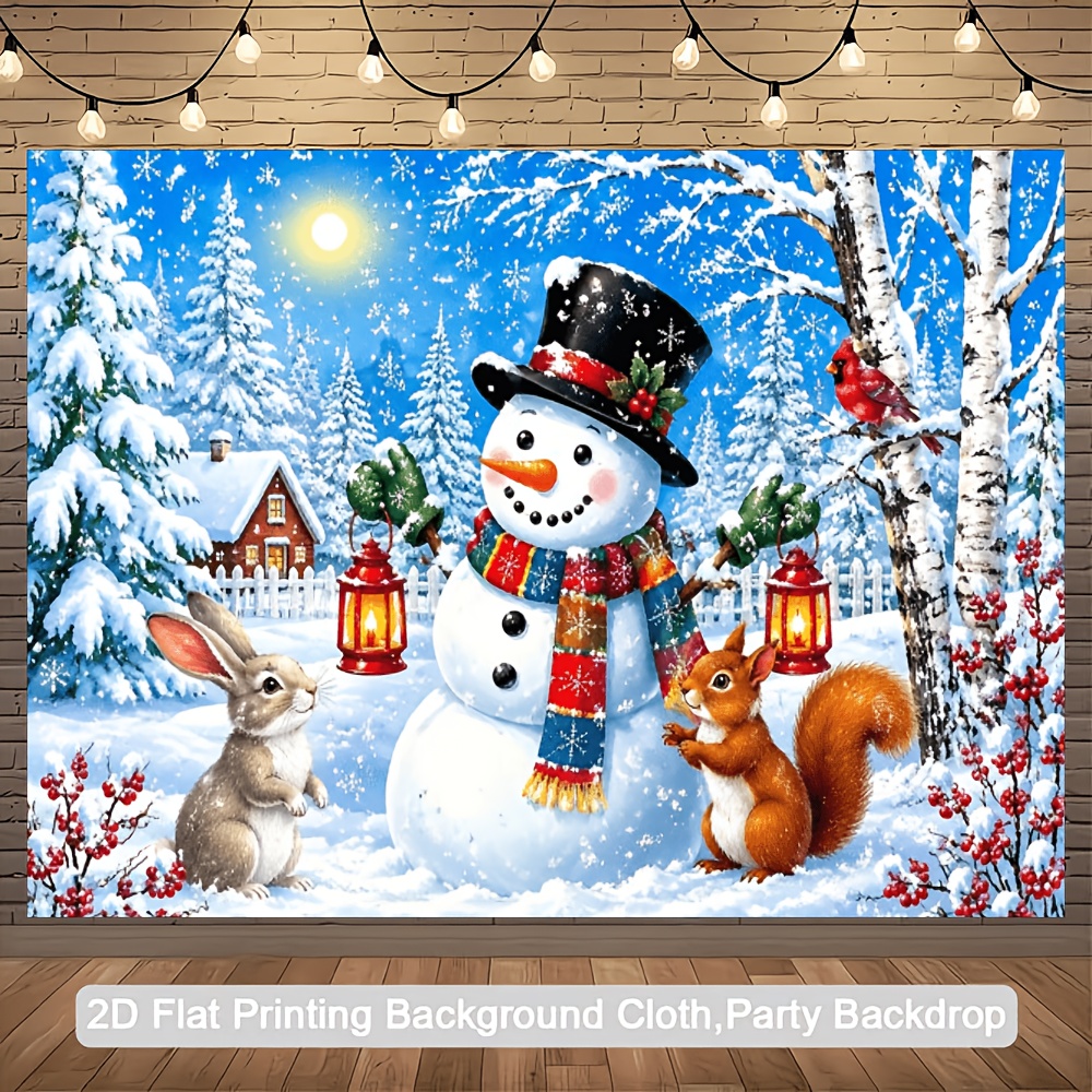 TEMU 2d Flat Banner, 2d Flat 1pc 2d Banner Christmas Winter Snowman Theme Backdrop, Featuring Snowmen, Gray Rabbits, Squirrels, Red Birds, Snowy