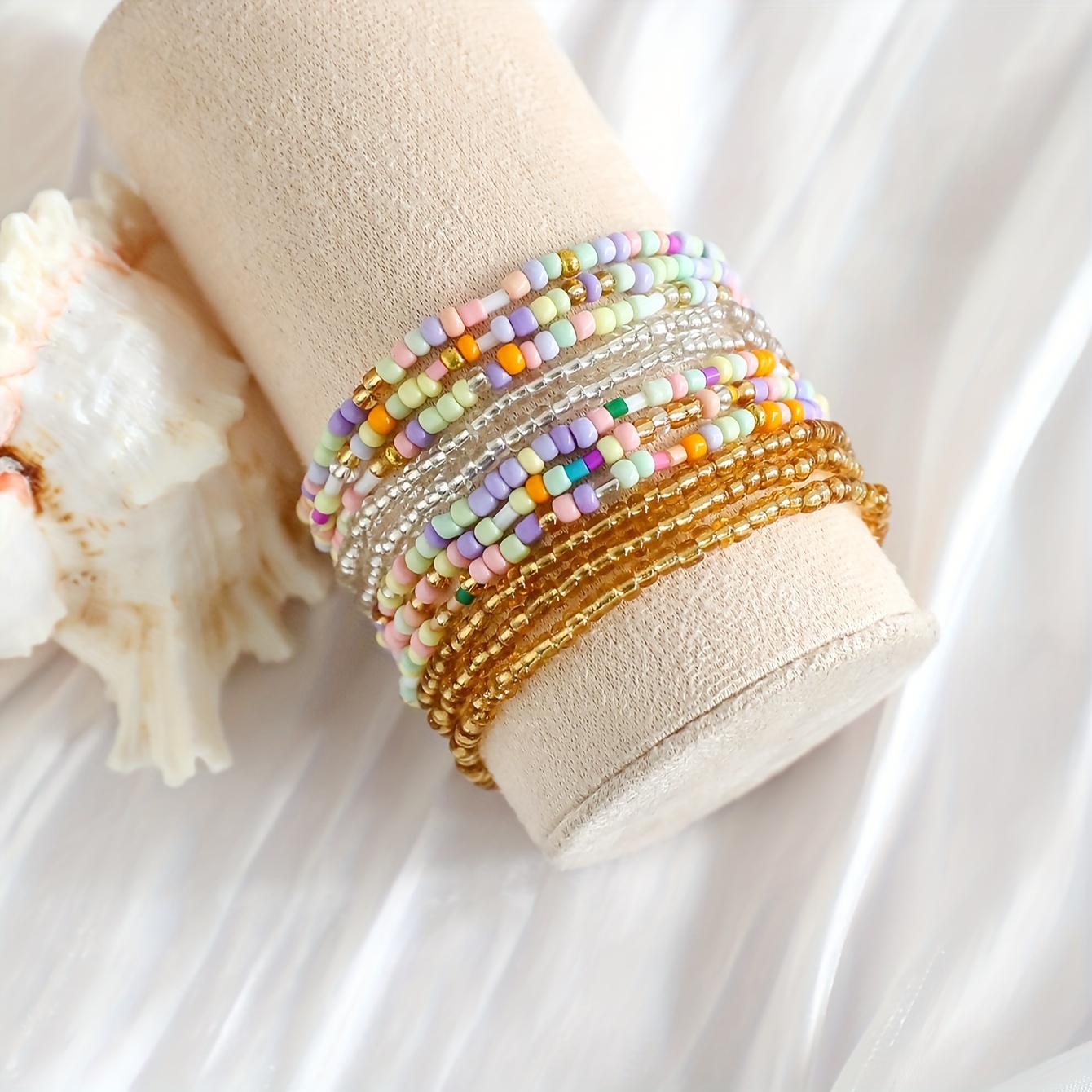 11pcs Glass Material Rice Beads Elastic Rope Bracelet Set