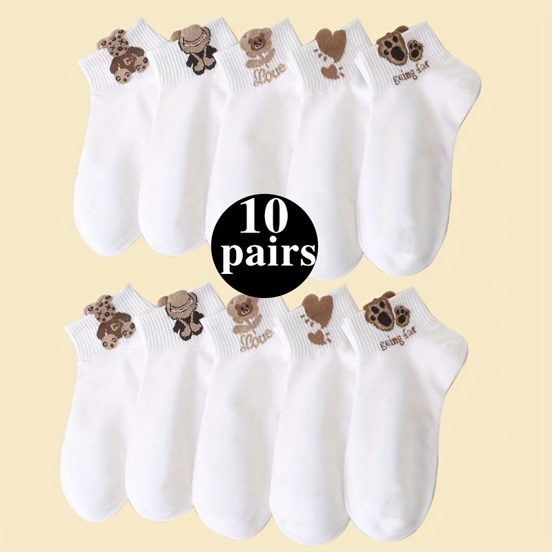 

10 Pairs Of Women's Socks Spring And Autumn Plain Color Cartoon Short Socks Cute Bear