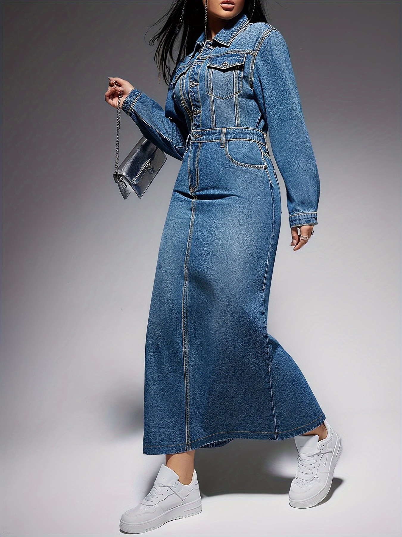 elegant long sleeve denim midi dress women chic single