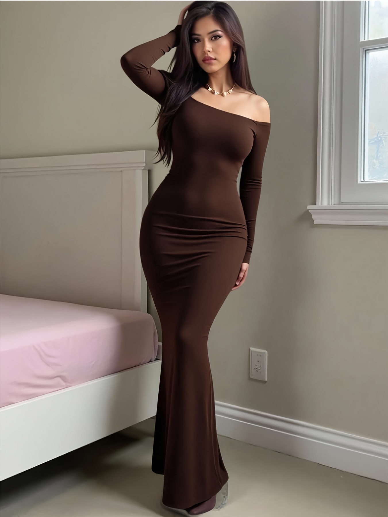 1pc fit shoulder long sleeve maxi dress spring autumn - Temu