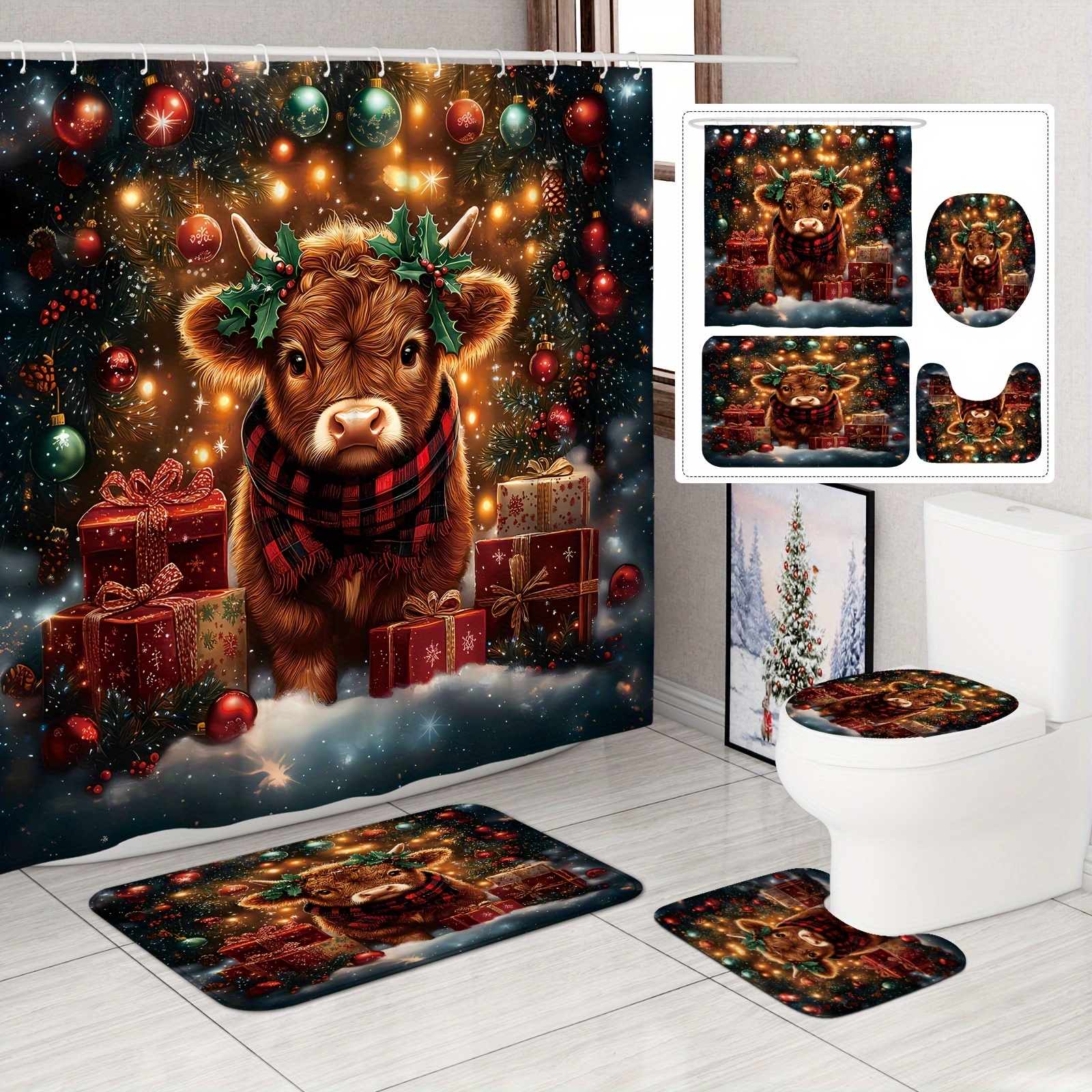 

1/4pcs Christmas Winter Shower Curtain Set With Shower Curtain And Rugs Polyester Waterproof Machine Washable For Bathroom Or Shower Decor With 12 Hooks Non-slip Bath Mat Toilet Lid Cover Mat