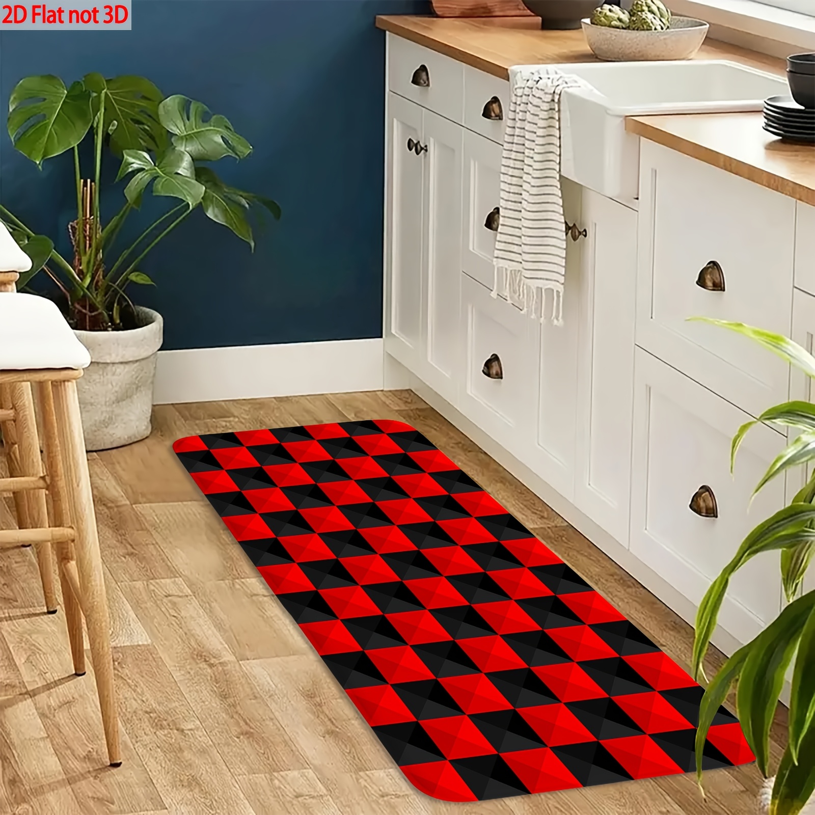 TEMU 1pc Thick 1.1cm Kitchen Floor Mat, Plaid Pattern Printed Floor Mat Thickened Wear-resistant Suitable For Room Porch Balcony And Home Decoration