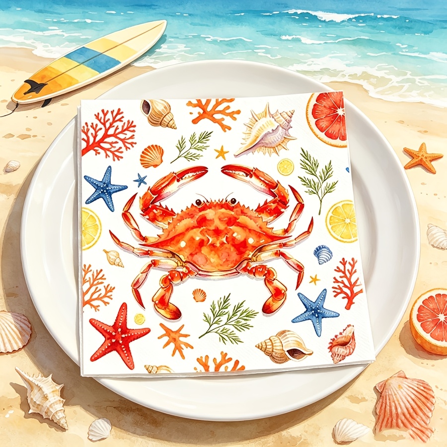 TEMU 10pcs Of Crab-themed Napkins, Featuring Designs Of , Sea Shells And Coral, Suitable For Beach Parties, Summer Pool Parties And Outdoor Bbq Table