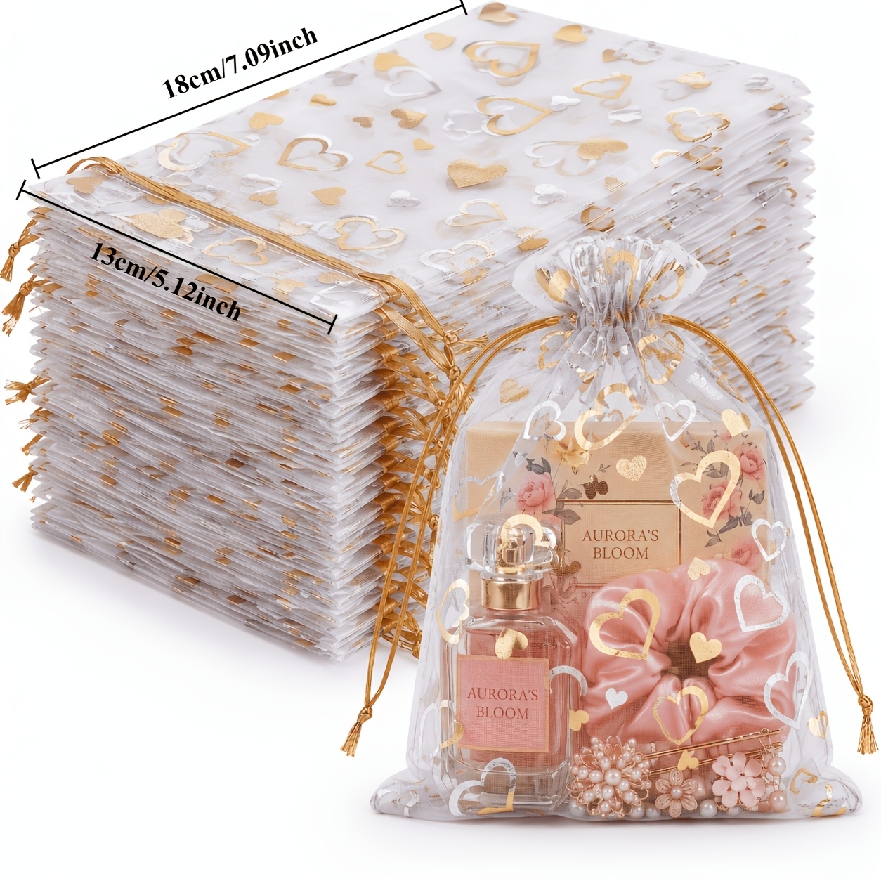 TEMU Lot de 25 sacs cadeaux en organza blanc imprimés d'un motif cœur doré brillant, pochette de paquet en transparente, sac de rangement en organza