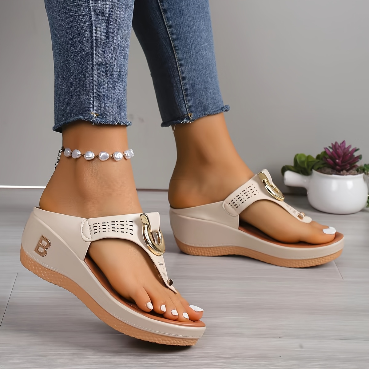 Women's Wedge Heel Sandals with Golden Metal Buckle and Laser Cut Design - Breathable Synthetic Upper, Cushioned Insole, Suitable for Summer Casual and Formal Wear