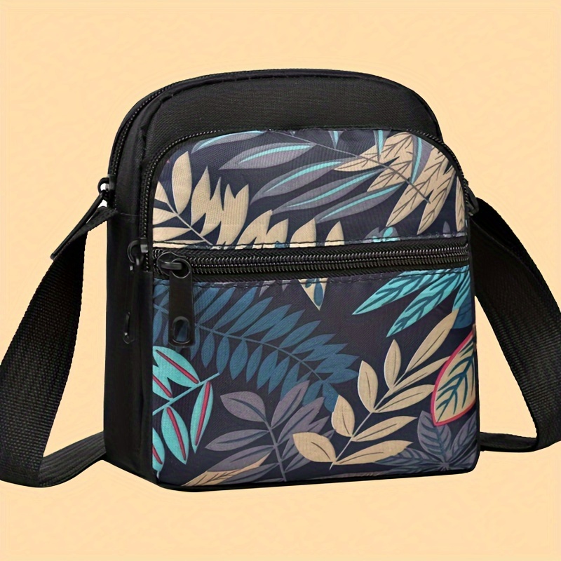 

Tropical Leaf Print Women's Canvas Crossbody Shoulder Bag, Casual Multi-layer, Small Mom Purse With Adjustable Strap