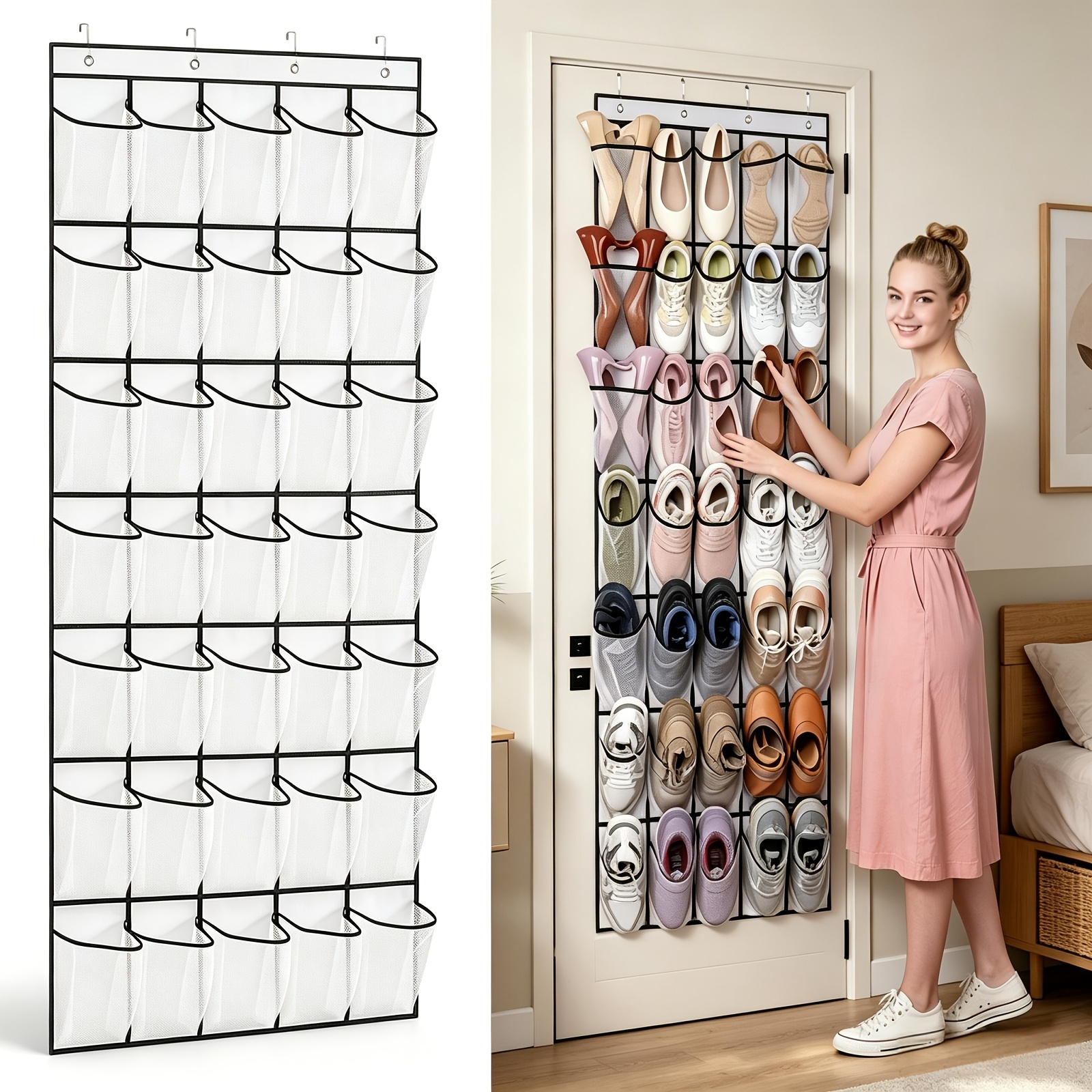 1pc 35 Large Pockets Over-the-door Shoe Organizer, Sturdy Oxford Fabric Hanging Shoe Rack With Mesh Pockets
