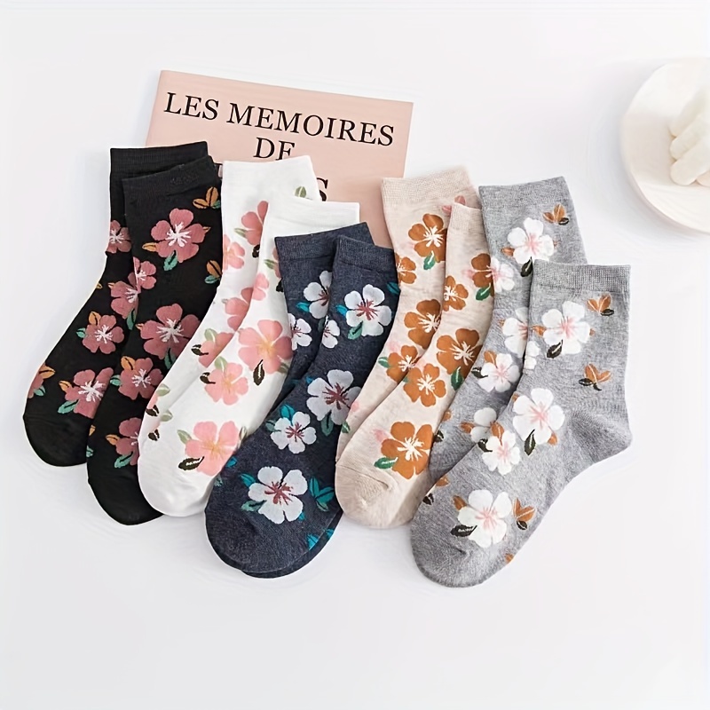 

5 Pairs Floral Print Socks, Sweet & Cute Breathable Mid Tube Socks, Women's Stockings & Hosiery