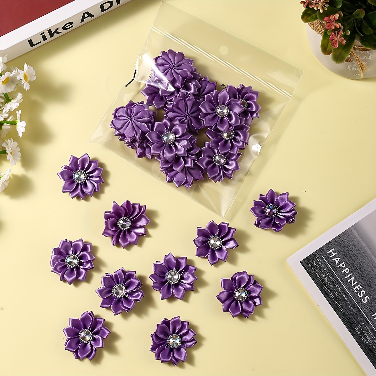TEMU 15pcs Of Polyester Flowers With Rhinestones, Hand-sewn Multi-angle Acrylic Pointed Lotus Flowers, Fabric Craft Flower Additions With A Diameter