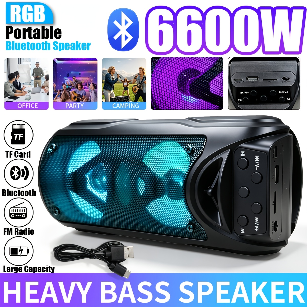 TEMU 6600w Portable Bluetooth Speaker, Dual 3.5 Inch Speakers, Tv Audio Use, Rgb Light, 1200mah Battery, Usb Tf Card , & Fm Radio, Perfect For Home
