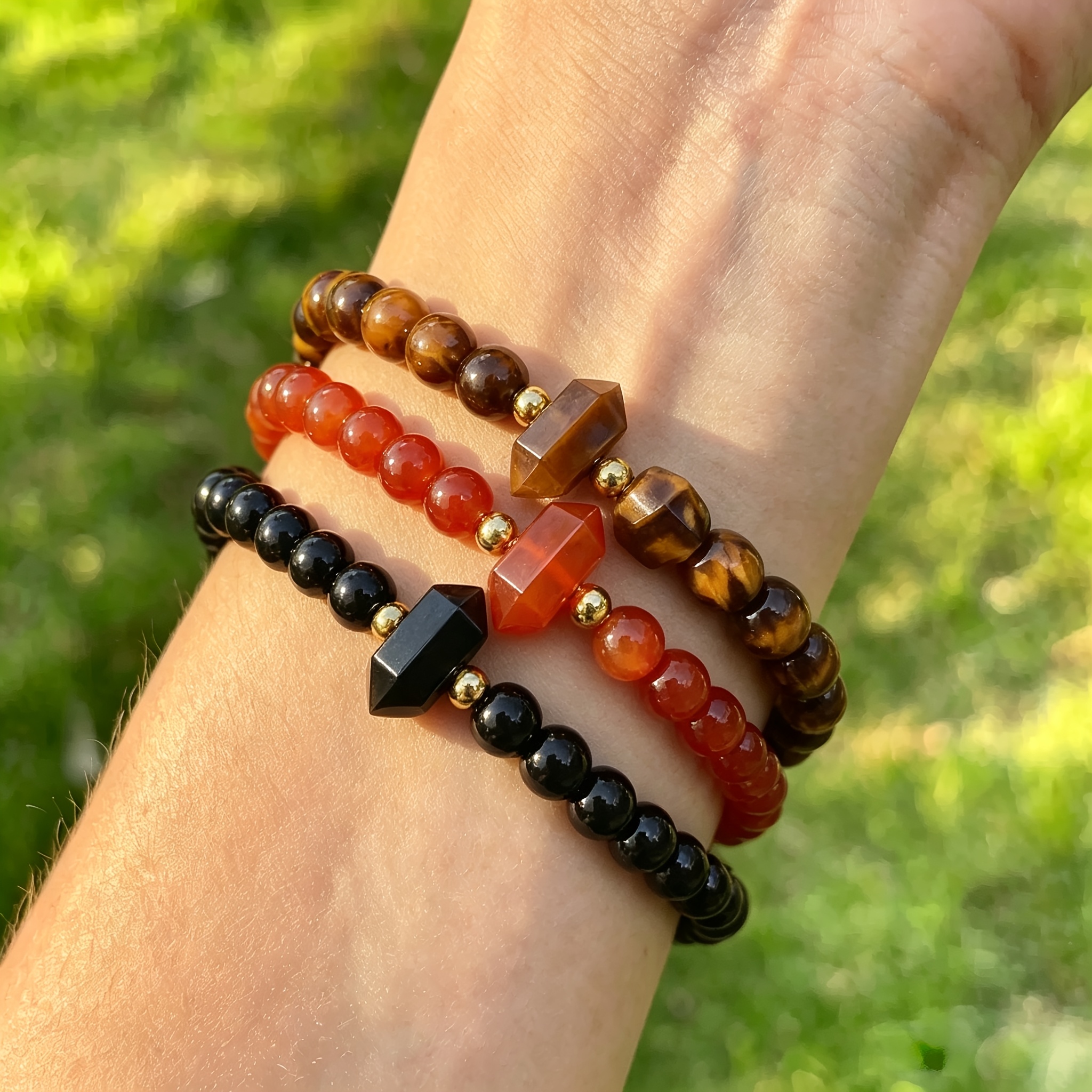 Natural Stone Beaded Bracelet with Tiger Eye & Agate, Handmade