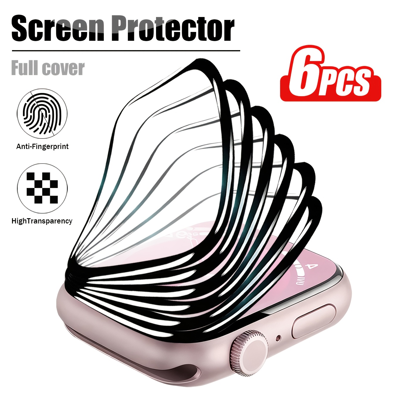 TEMU Lot de 6 protections d'écran HD à couverture complète, film en fibre de carbone incurvé pour Apple Watch, film de -rayures pour toutes séries