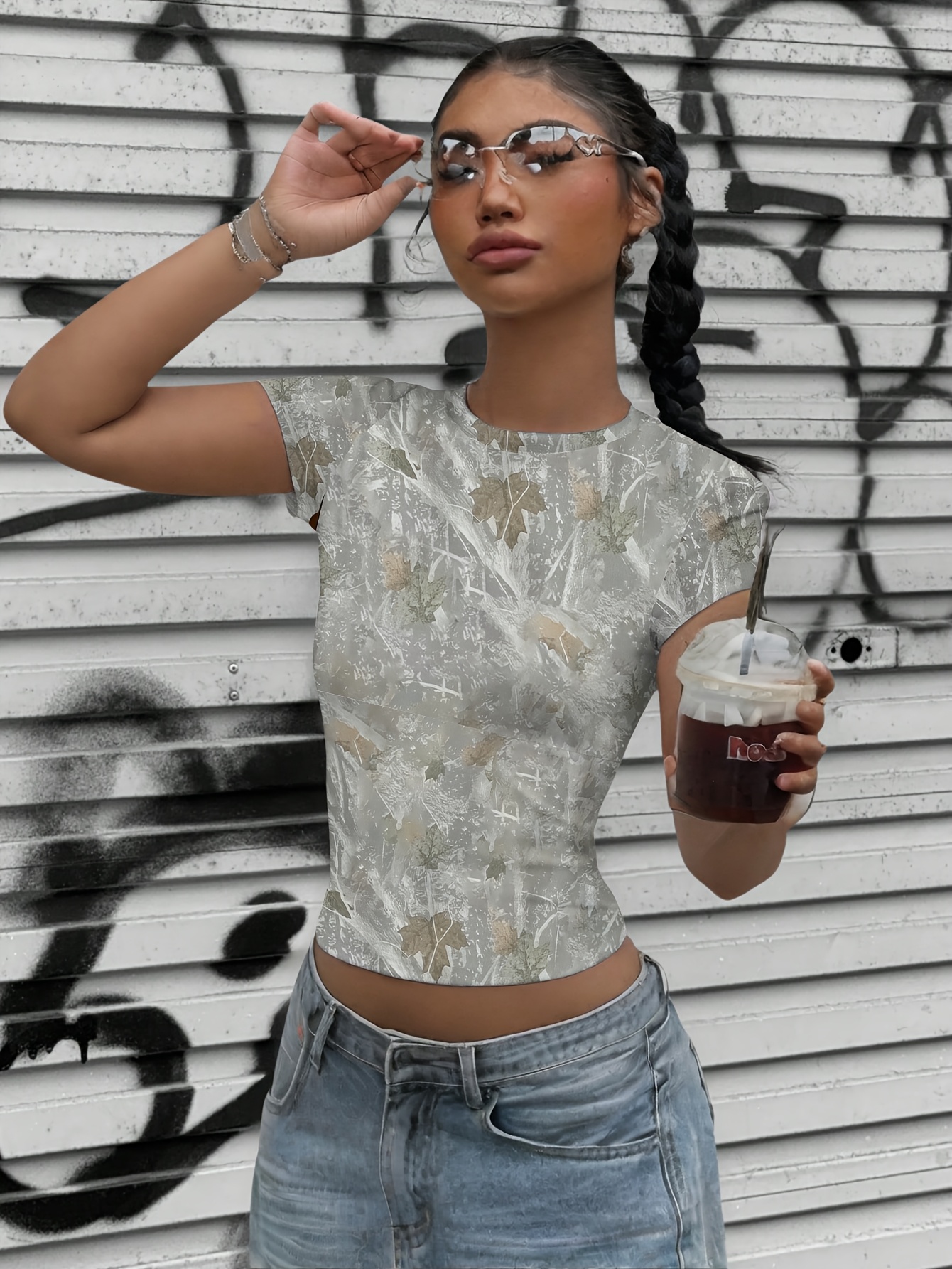 women's stylish vintage camo print fitted short t shirt Temu