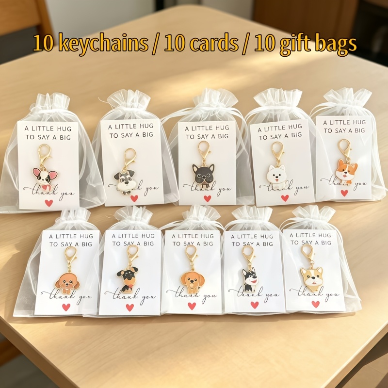 TEMU Lot de 30 pièces/10 ensembles de breloques porte-clés mignonnes série chien de compagnie dessin animé, inclut 10 anneaux porte-clés/10 cartes/10