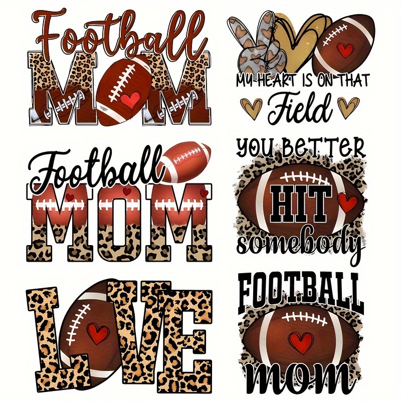 

6-piece Football Themed Iron-on Transfer Decals For T-shirts, Jeans, Masks & Backpacks - Durable Plastic Heat Press Stickers