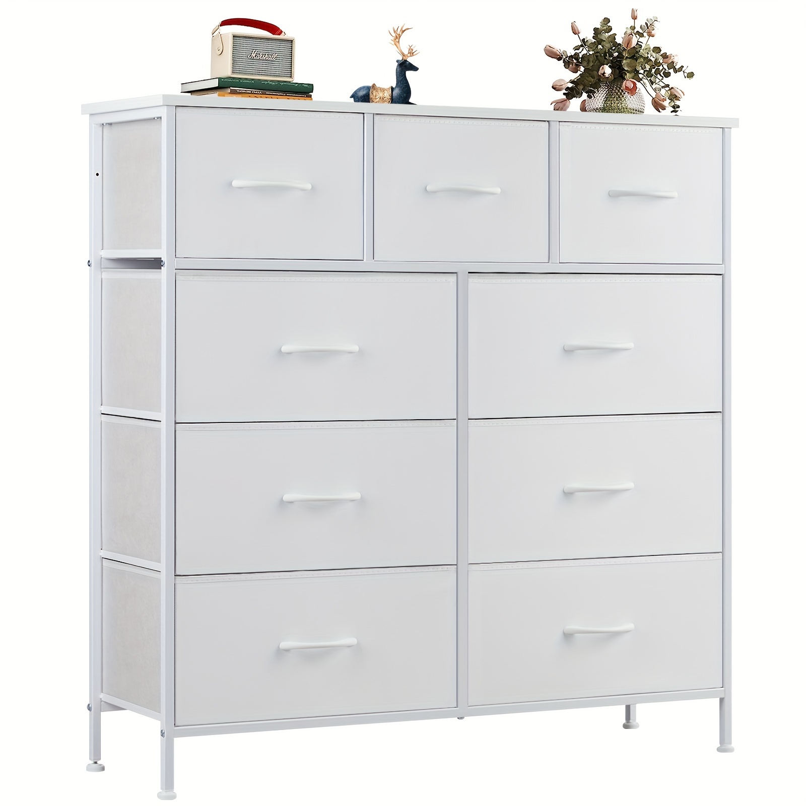 

Dresser With 9 Drawers - Sturdy Steel Frame, Wooden Top & Easy Pull Fabric Storage Tower, Organizer Unit For Living Room, Hallway, Closets, White