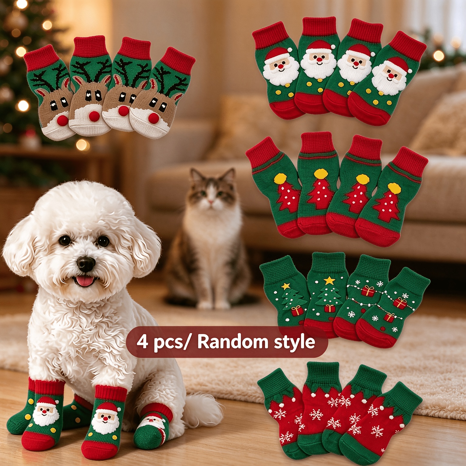 TEMU 4pcs/set Anti-slip Dog Socks - Christmas Series, , Scratch-resistant, Bottom, Cute Cartoon Paw Protection Cover, Suitable For Indoor Warm Socks