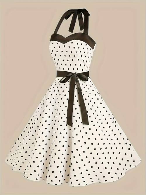 vintage polka dot a line dress with back tie and waist bow v neck short sleeve knee length black and white spring summer fall adult womens fashion vintage a line dress