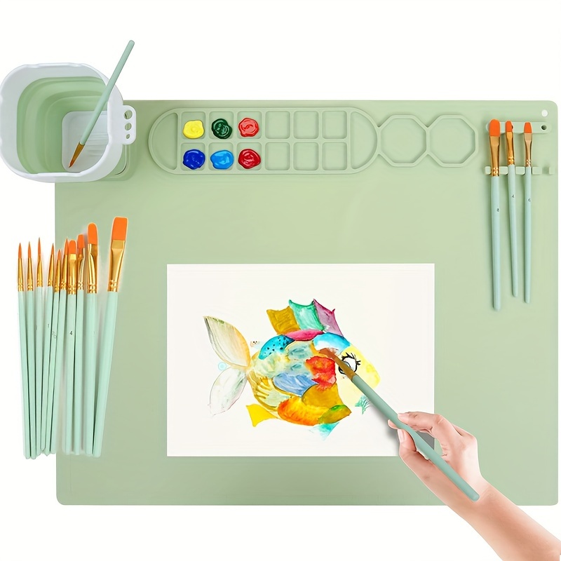 TEMU 1 Set Silicone Painting Mat With Water Cup, 20x16 Inch Silicone Art Mat For Painting, Silicone Craft Mat Paint Mat Silicone Painting Mat Each Comes With 10 Paint Brushes Green, Pink, Blue