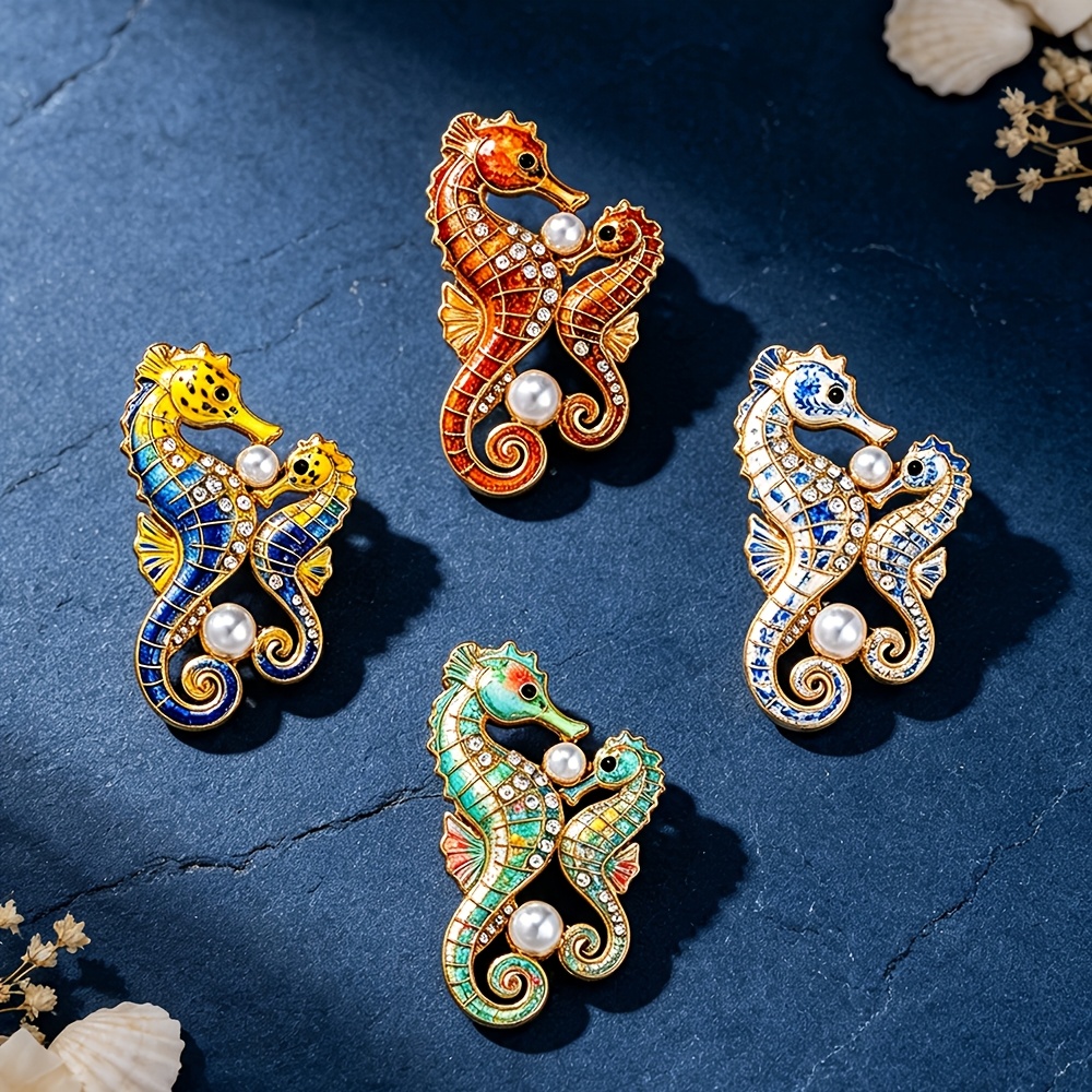 Rhinestone Seahorse Enamel Brooch, Embracing Design