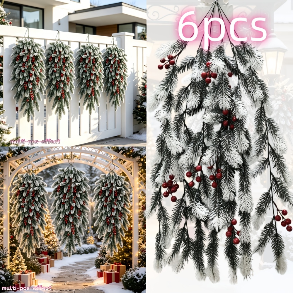 TEMU 6pcs High-end Luxurious Large Christmas Snow Scenery Ornaments, Simulated Snow-covered Fir Branches Hanging Wall Decor, With Berries And