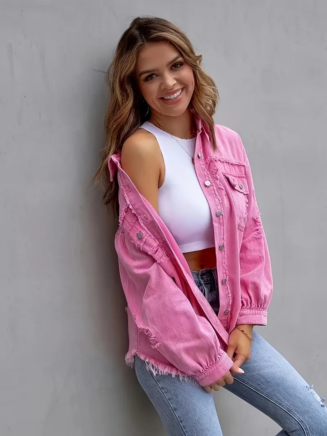 Womens Denim Pink Ripped Jean Jacket Women's Bohemian Distressed