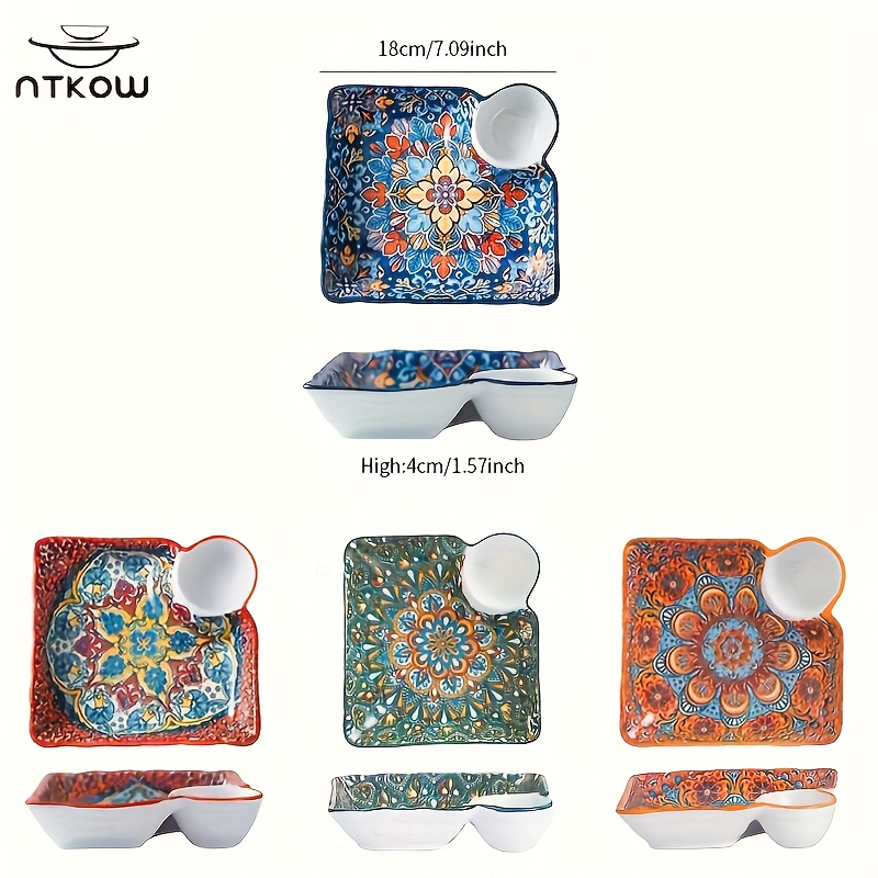 Ntkow 4pcs Bohemian Dumpling Plates! Ceramic Divided Plates With Dipping Dish, Versatile For Dumplings/breakfast/fruit. Enhance Table Aesthetics! 7.5" High-value Home Essential