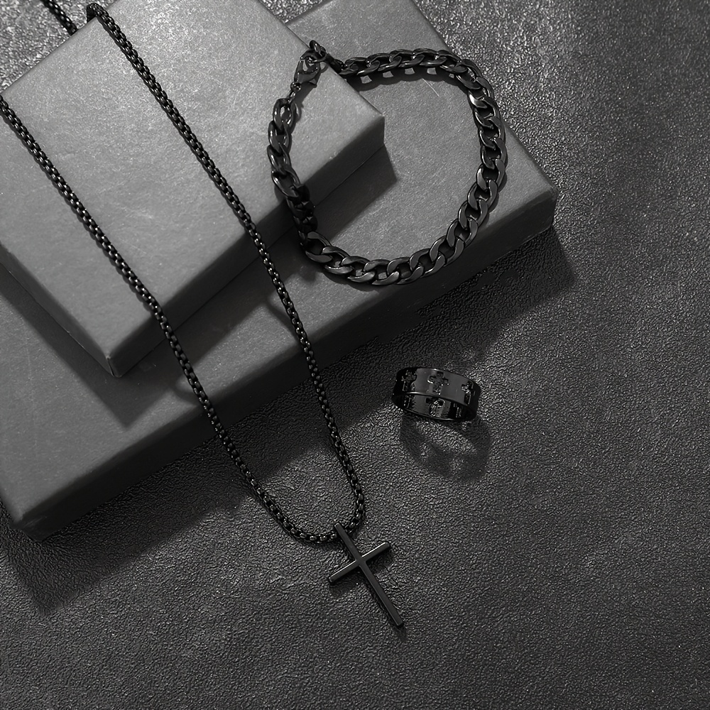 3pcs Punk Style Men Jewelry Set - Chain Bracelet, Ring, Cross Pendant Necklace - Ideal For Father's Day Or Valentine's Gift, Everyday And Party Occasion, Everyday Jewelry, Punk Jewelry