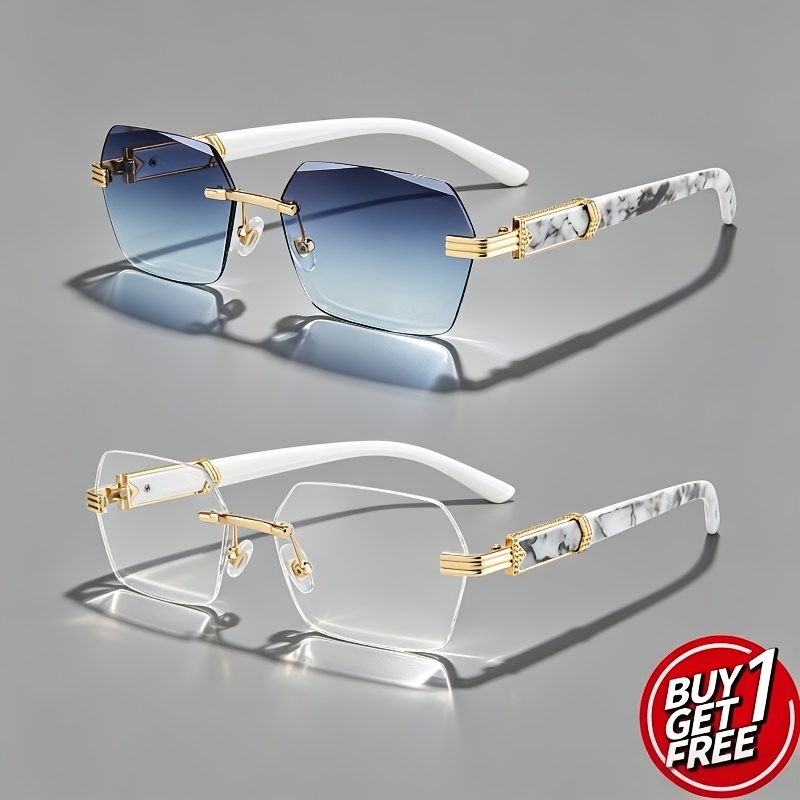 TEMU New Unisex Frameless Retro Thickened Pc Lens Sunglasses, 1 Pair With Metal Hinges, Marble Pattern, Sun Protection Sunglasses, Stylish Sunglasses