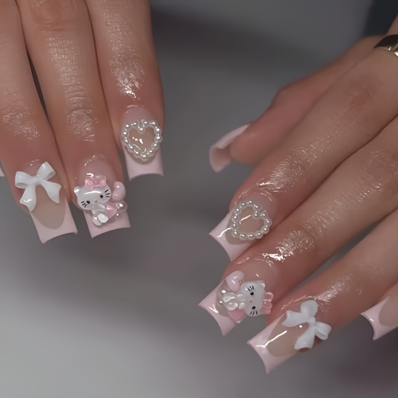 24pcs Short Square Nails Cute Design 3d Cartoon Hello Kitty Heart Bow French Edge Full Cover Fake Nail Stickers Set, A Gift For Women And S