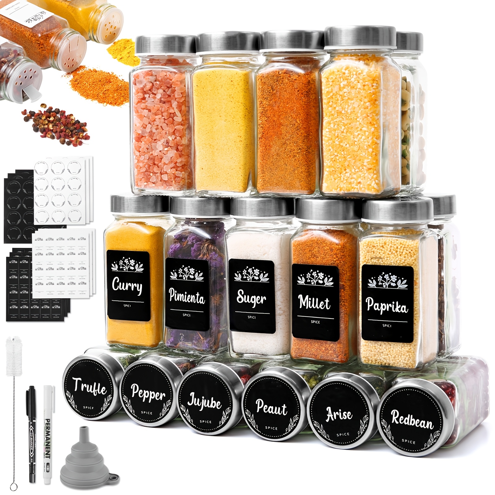 

Miorkly Square With Applicator Insert, 120ml With Stainless Steel Lid, Set Of 24 Spice Jars, Spice Shaker With Applicator Attachment, Funnel, Labels And Chalk, Kitchen Organiser