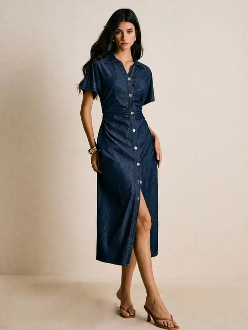 summer denim dresses for older ladies Denim Dresses for Women 2024 Short Sleeve Loose Blue Jean Maxi Dress Button Down Collared Pleated Western Flowy Dress at Amazon Women's Clothing store