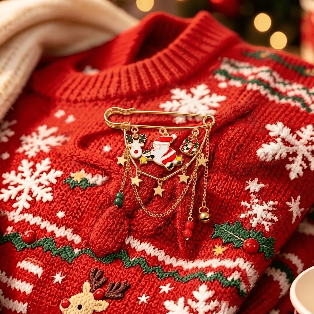 TEMU 1pc Santa Reindeer Gift Bell Bead Charm Style Safety Pin, Decorative Brooch For Holiday Sweaters, Bags, And Gift Boxes, Fashionable Collar Pin