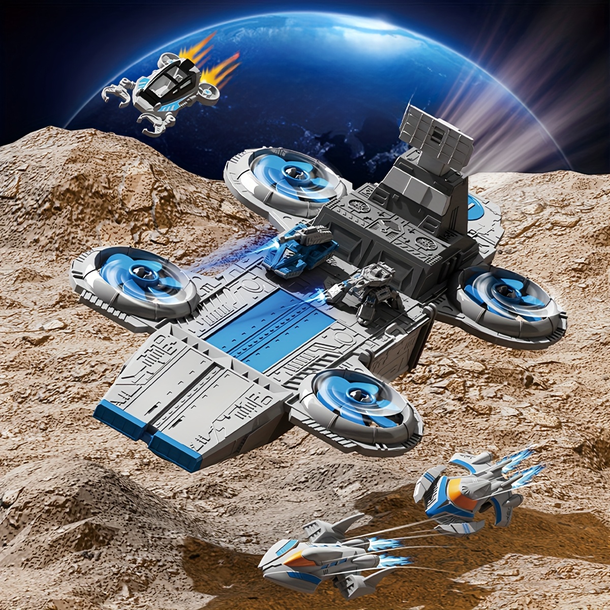 Large Kids' Space Battleship Toy Set with 5 Mini Spaceships