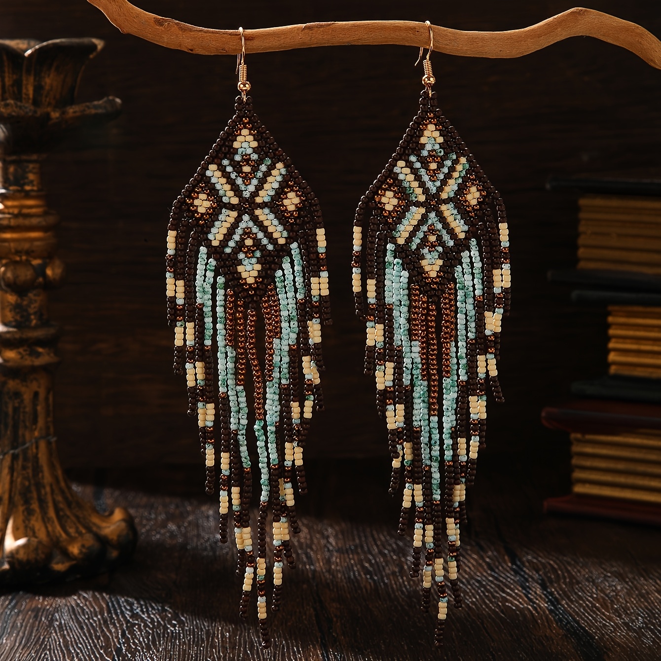 TEMU Boucles d'oreilles rétro d'ombrage avec perles colorées, boucles d'oreilles longues à franges en perles de riz à dégradé et vert, bijoux de