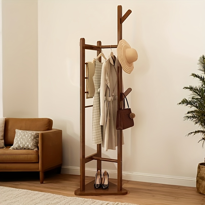 Image of Coat Rack Freestanding, Wooden Coat Rack, Smooth Branch Hooks, Thick Reinforced Bar, Side Storage Pocket, Solid Triangular Base, Sturdy Bamboo Construction, Coat Rack Stand For Bedroom Office, Gift