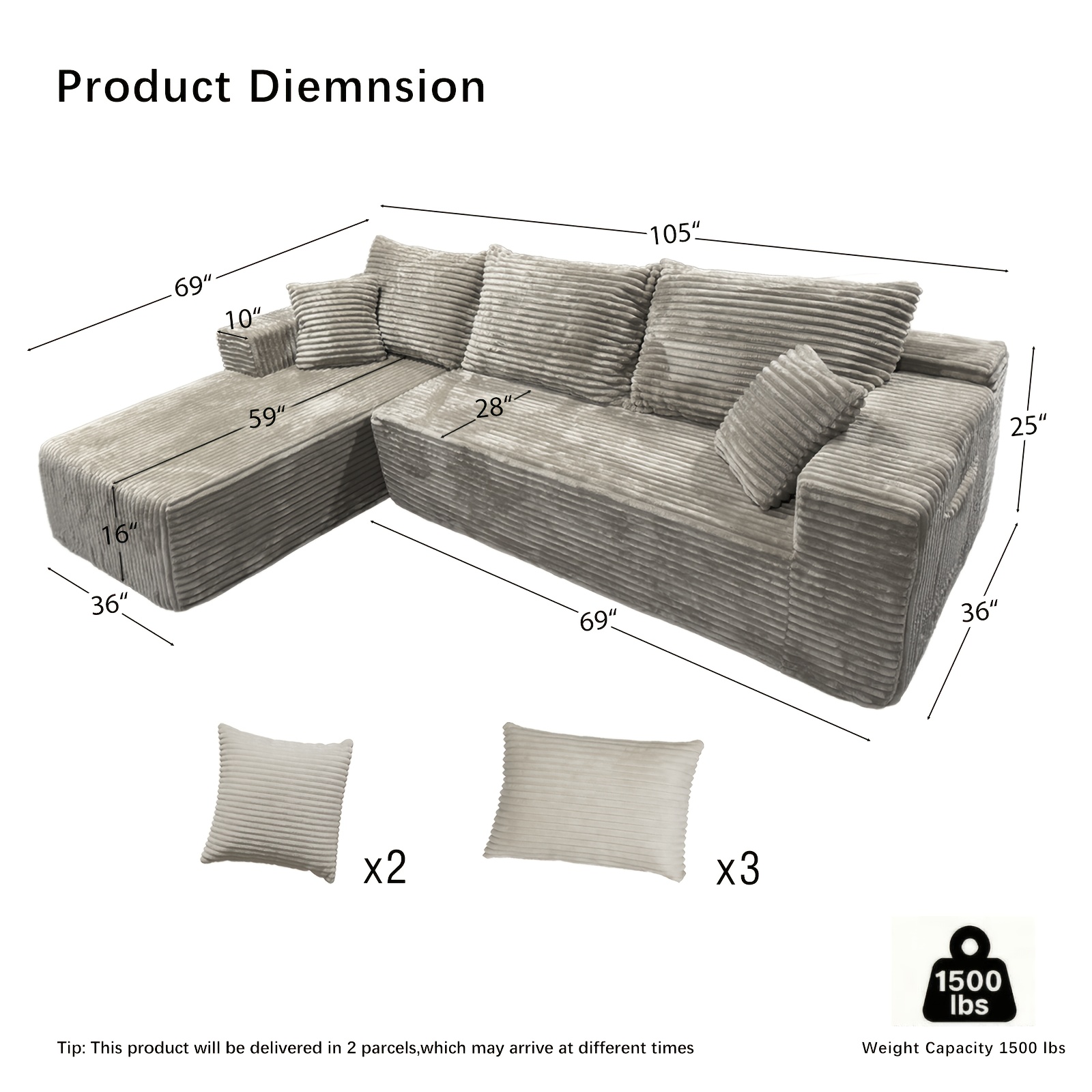 boneless couch for living room modular sectional sofa with plush corduroy fabric minimalist oversized l shaped couch with chaise fluffy pillows and cushion no  