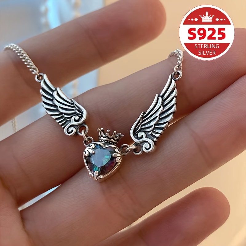 TEMU S925 Pure Silvery Vintage Distressed Heart Crown Wing Necklace Simple And Fashionable Versatile Women's Jewelry, Essential For, Perfect Gift For Valentine's Day, , Carnival, Easter