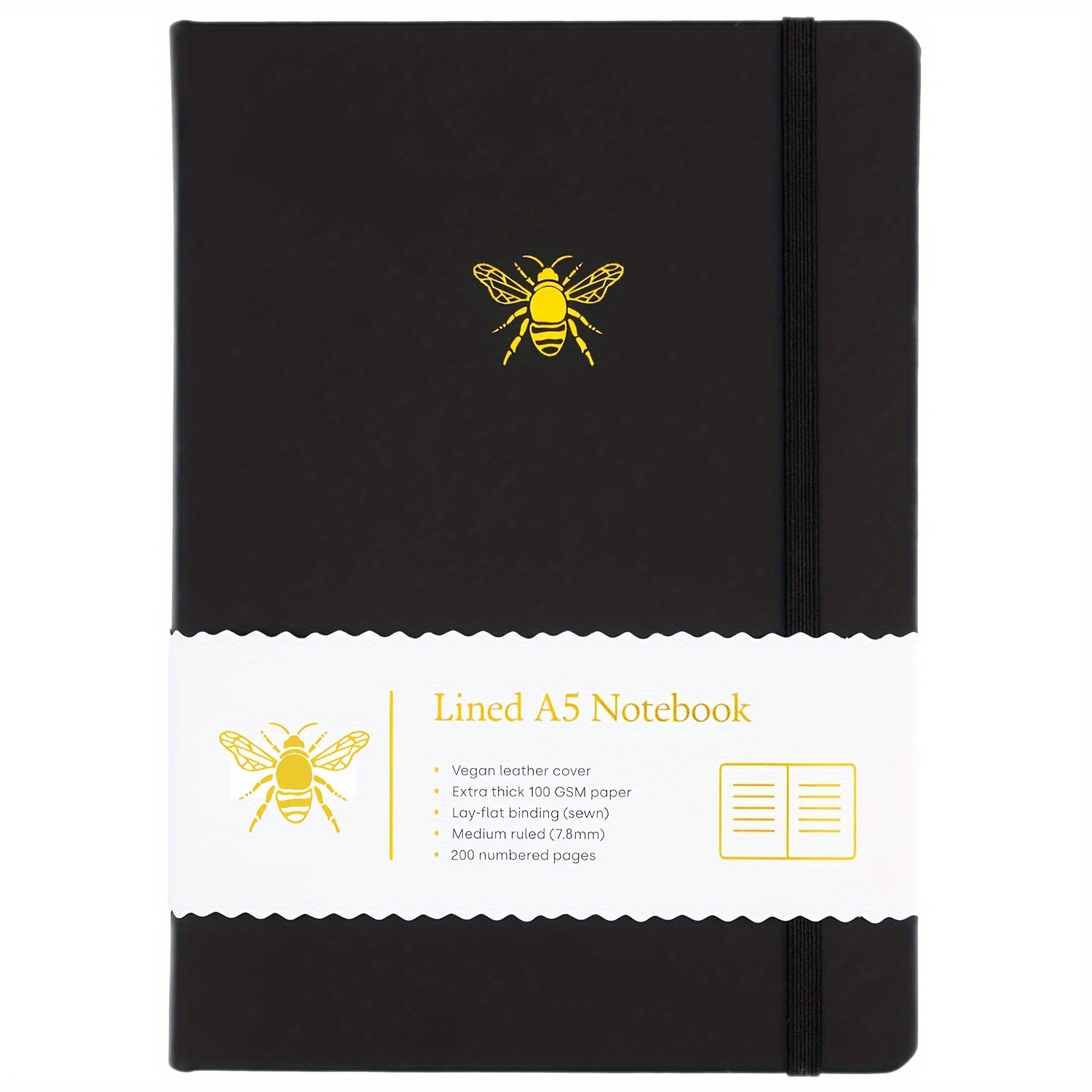 

A5 Hardcover Executive Notebook With Vegan Leather Cover And Bee Emblem - 200 Pages, Medium Ruled 14.5cm X 21.3cm, 100 Gsm Thick Paper - Plain Ruling Type